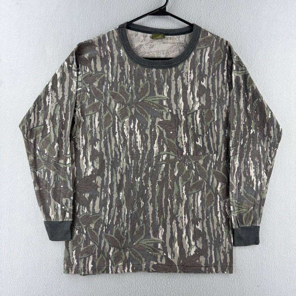 Vintage Real Tree Camo Shirt Mens Large (Fits Small) Paper Thin Pocket Tee 80s